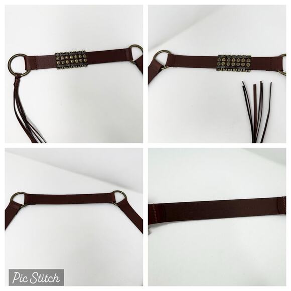 Brown Leather Brass Ring Tie Belt Sliding Brass Bars Fringe Belt Women\'s L Boho main image 12